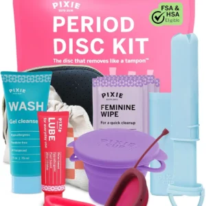 This Pixie menstrual disc kit contains a small and large medical-grade silicone disc, lube, wash, sterilizing cup and wipes for comfortable and safe period protection up to 12 hours.