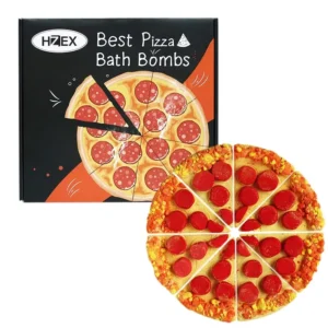 Eight pizza slice bath bombs are individually wrapped, creating a fun and organic bath experience for kids and adults with a fresh scent.