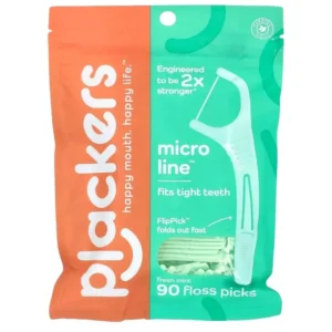 A pack of Plackers Micro Mint dental flossers with Super Tuff floss that slides easily between tight teeth and a protected pick for a fresh, clean feel.
