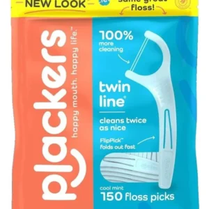 This image shows a package of Plackers Twin-Line Dental Flossers, featuring a unique dual action flossing system designed not to stretch, shred, or break during use, providing an exclusive and convenient dental care solution.