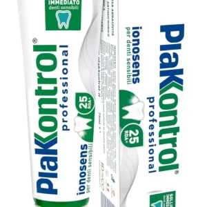 Close-up of a 100 ml bottle of PLAKKONTROL Dent ionosens, a product designed to relieve sensitive teeth.