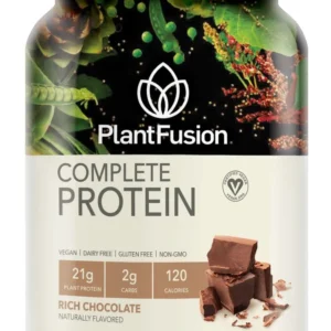 This is a 2-pound bag of PlantFusion Complete Plant-Based Protein Powder in chocolate flavor, a gluten-free, vegan, and non-GMO protein supplement powder.