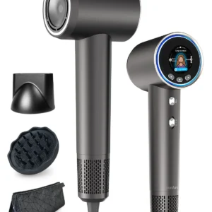 GlamAura plasma hair dryer with LED display, diffuser, and concentrator nozzle, offering fast drying with low noise and intelligent thermo control, showcased with its storage bag, ideal for home and travel.
