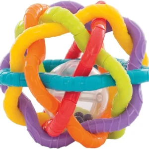 This Playgro bendy ball teething toy features bright colors, various textures, rattle beads, and chewable rings to stimulate baby's senses and soothe teething pain.