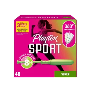 This is a box of Playtex Sport Super absorbency tampons, fragrance-free, with 48 tampons in the box.