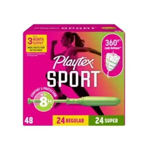 Playtex Sport tampons in a multipack with regular and super absorbency, designed for athletic use with 360-degree leak protection and a comfortable applicator.