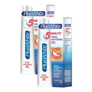 Two tubes of Plus White 5 Minute Whitening Gel for fast, effective, and gentle teeth whitening at home.