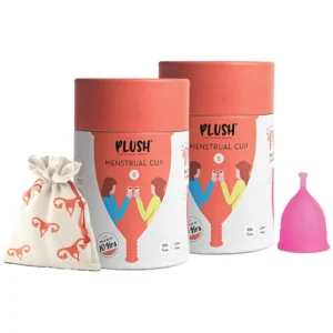 This pack of two small Plush reusable menstrual cups are made with medical grade silicone and come with a cotton carry pouch and easy removal stem.