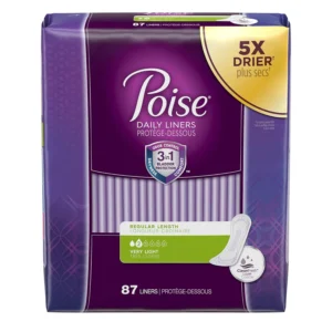 Poise incontinence panty liners offer trusted 3-in-1 protection for dryness, comfort, and odor control, staying 5x drier than period liners.