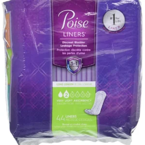 A package of 44 Poise long length bladder control panty liners for women, offering light protection against urine leakage with a polymer-based absorbent core and a soft poly blend backsheet for comfortable wear.