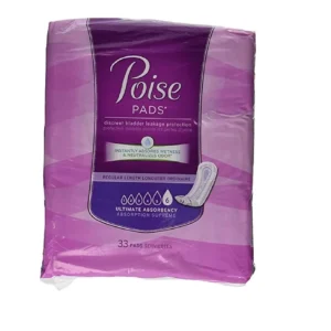 This image shows a pack of Poise Pads, regular length with ultimate absorbency, containing 33 pads.