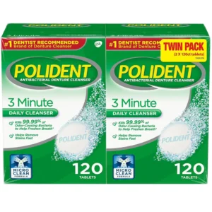 Two boxes of Polident 3 Minute Antibacterial Denture Cleanser tablets, 120 count each.