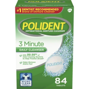 An 84-count box of Polident 3 Minute Denture Cleanser Tablets, the dentist-recommended brand, for cleaning dentures and removable oral appliances.
