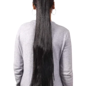 This long, black ponytail extension wig for women and girls is made of synthetic hair and looks and feels like real hair.