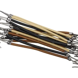 A set of fifteen hair accessories for women, including ponytail hooks, bungee hair ties, and small rubber bands in black, brown, and apricot colors.