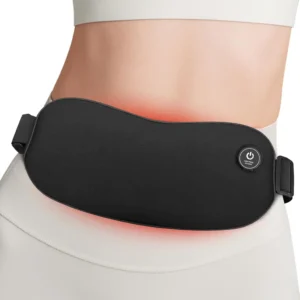 Cordless portable menstrual heating pad providing targeted heat therapy for period cramps and pain relief with a rechargeable battery and adjustable belt.
