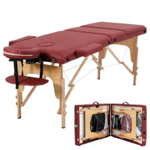 This portable massage table features a durable aluminum frame, waterproof PVC leather, and a high-density sponge for superior comfort and stability, perfect for spa treatments or professional massages.