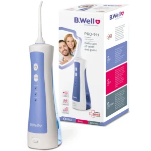 The B.Well PRO-911 portable oral irrigator effectively cleans around braces and implants using a high-pressure water jet, offering cordless USB charging and multiple cleaning modes for a customized flossing experience at home or while traveling.