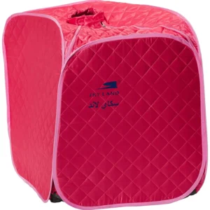 Enjoy a personal spa day at home with this pink portable steam sauna tent complete with a steam generator, folding chair, and wooden foot massager for relaxation and detox.