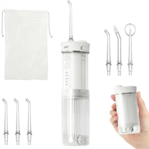 This portable water flosser features a telescopic design, multiple cleaning modes, IPX7 waterproof design, and a long-lasting battery, perfect for cleaning teeth with braces, bridges, and for home dental care.