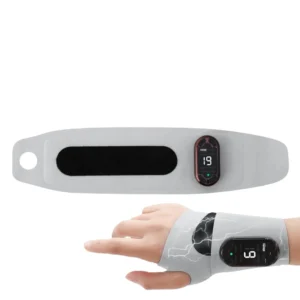 This portable wrist massager provides heat and massage therapy for pain relief, featuring fingertip touch controls and a magnetic buckle for easy cleaning.