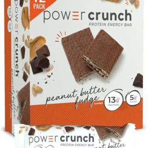 Twelve Power Crunch Peanut Butter Fudge protein bars offering 13 grams of protein and a satisfying wafer crunch in every bite.