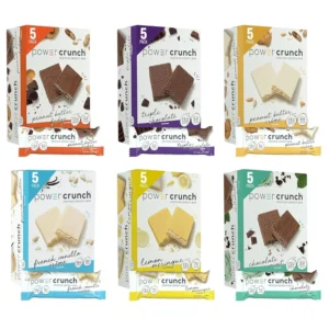 This variety pack of Power Crunch protein bars contains 30 individually wrapped wafer protein bars in six delicious flavors, perfect for a high-protein, low-sugar snack.