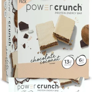 Twelve Power Crunch Chocolate Coconut protein bars provide 13 grams of whey protein and only 6 grams of sugar, making them a delicious and easy-to-digest snack for home or on the go.