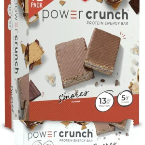 Twelve Power Crunch S'mores flavored protein wafer bars, a high-protein snack with a satisfying crunch and only 5 grams of sugar, perfect for an on-the-go energy boost or a delicious after-school treat.