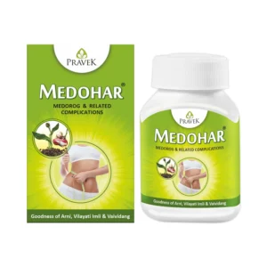 PRAVEK Medohar capsules, an Ayurvedic preparation with Arni, Vilayati Imli & Vaividang, support Medorog treatment and obesity management.