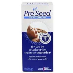 A tube of PRE-SEED fertility-friendly body lubricant by INGfertility is displayed with nine reusable applicators, designed for couples trying to conceive.