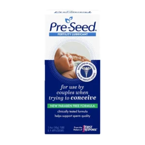A tube of Pre-Seed fertility-friendly personal lubricant designed to mimic natural fertile fluids and support sperm quality.