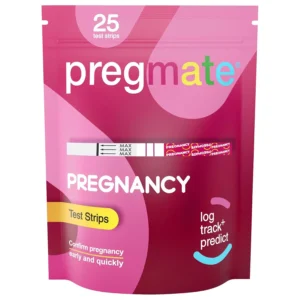 Twenty-five PREGMATE pregnancy test strips in individual pouches for early and accurate detection, with a sensitivity of 25 mIU/mL, allowing testing up to 5 days before a missed period.