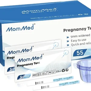 This home pregnancy test kit includes 55 individually wrapped pregnancy test strips and 55 urine collection cups for early and accurate HCG detection with over 99% accuracy.