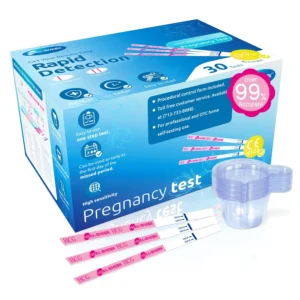 This pregnancy test kit includes individually wrapped strips for early and accurate at-home detection, along with convenient urine collection cups.