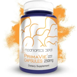 This is a bottle of Nootropics Depot PrimaVie Shilajit capsules, containing 90 purified extract capsules of the Ayurvedic herb to support mitochondrial function, increase exercise endurance, and boost fitness levels.