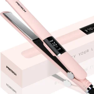 The PRITECH titanium flat iron hair straightener quickly heats up with adjustable temperature for salon-quality styling on all hair types.