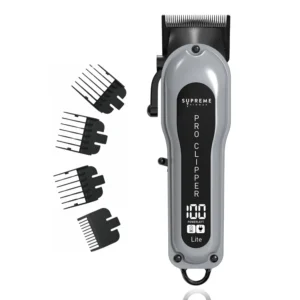 Supreme Trimmer Pro Clipper Lite STC5000 hair cutting tool set with hair comb, scissors, four magnetic guide combs, cleaning brush, oil bottle, travel bag and USB charger.