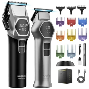 Professional cordless hair clipper and trimmer set with premium guards, adjustable head and sharp steel blades, designed for barbers and home use.