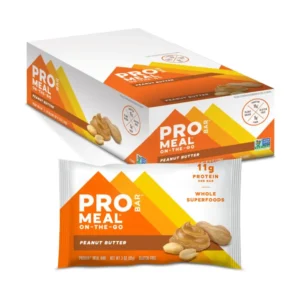 Twelve Probar peanut butter meal bars made with organic, plant-based, gluten-free, and non-GMO whole food ingredients for natural energy.