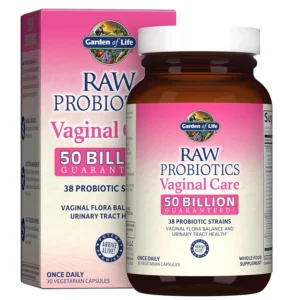 Garden of Life Raw Probiotics Vaginal Care supplement provides 50 billion CFUs from 38 strains, packed with flavor and nutrition in secure packaging, made with top quality ingredients and without artificial preservatives.