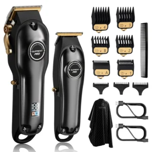 This professional hair clipper kit with a zero gap T-blade trimmer and LED display is ideal for barbers to create fades and remove bulk hair.
