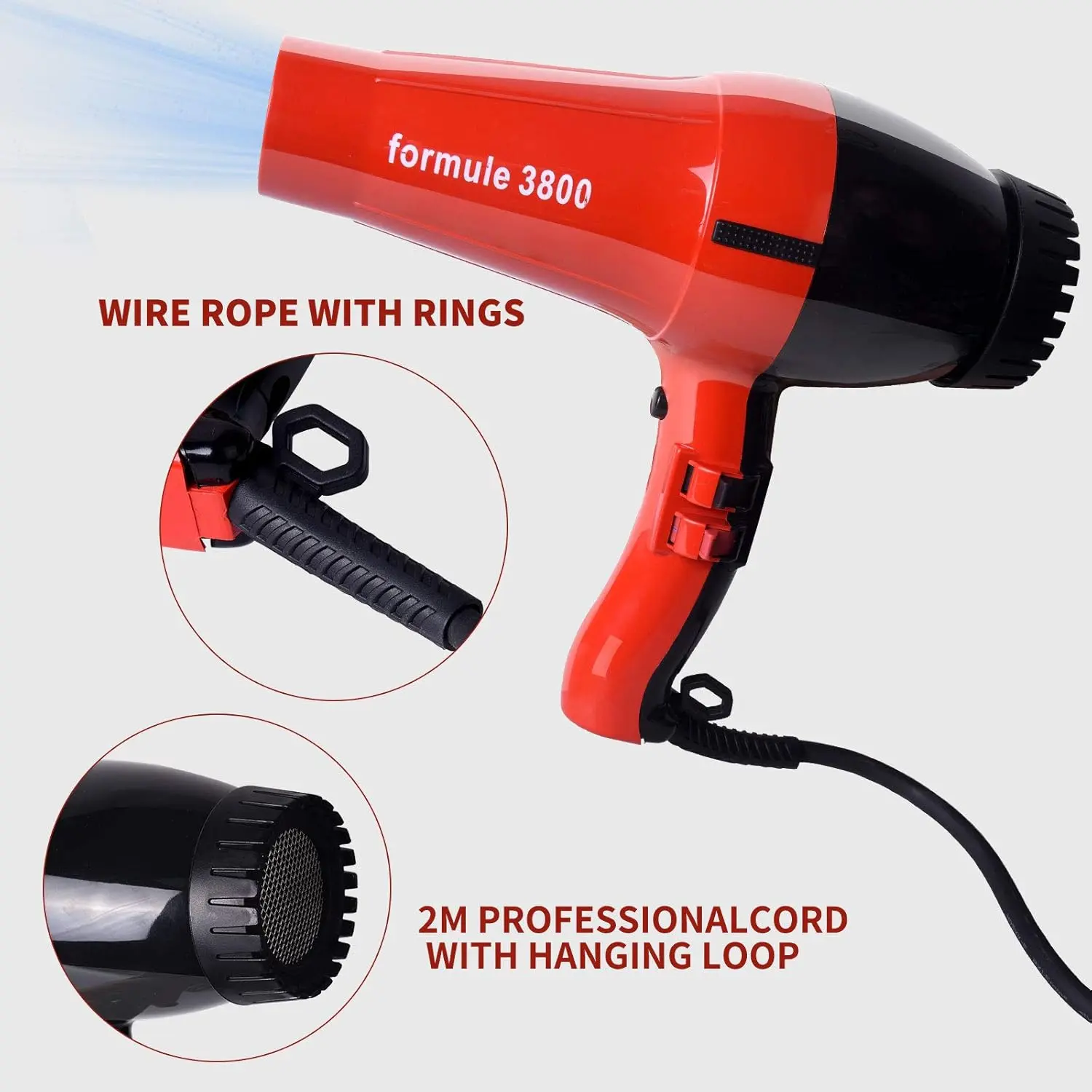 Corded electric mesh hair dryer with a powerful 2000W DC motor and portable design, featuring multiple heat and speed settings.