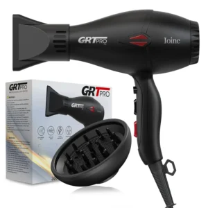 This is a professional ionic hair dryer with a powerful 2400W AC motor, negative ion technology, two speeds, three heat settings, and includes a diffuser and nozzle for versatile styling.