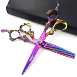 This professional hair scissors set features durable stainless steel blades with a purple and silver exquisite pattern, designed for smooth hair cutting and thinning in salons or at home.