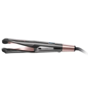 Black Remington Proluxe hair straightener with digital display and ceramic coated floating plates for creating curls, waves, and straight styles while preventing frizz.
