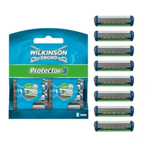 Eight Wilkinson Sword Protector 3 razor blade refills with Alpha Diamond coating and Aloe Vera lubricating strip for a comfortable, irritation-free shave.