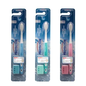 Protector kids toothbrush provides 99.99% protection against germs with extra-soft bristles for gentle and safe cleaning of children's teeth and gums.