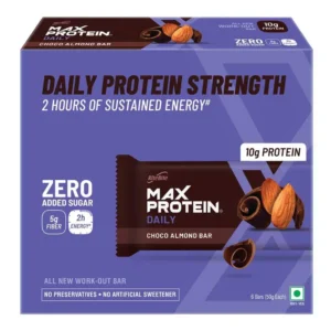 A pack of six Ritebite Max Protein Daily Choco Almond Bars, each bar is sugar-free, high in protein and fiber, and contains 21 vitamins & minerals, electrolytes, omega 3, and prebiotics.