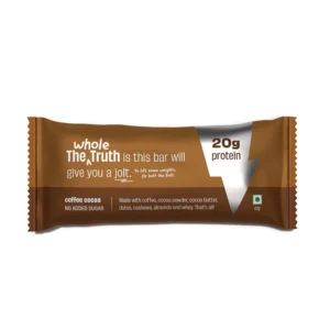 The Whole Truth coffee cocoa protein bar with 20g of protein is a pre-workout snack made for people who workout and aids daily dietary needs.